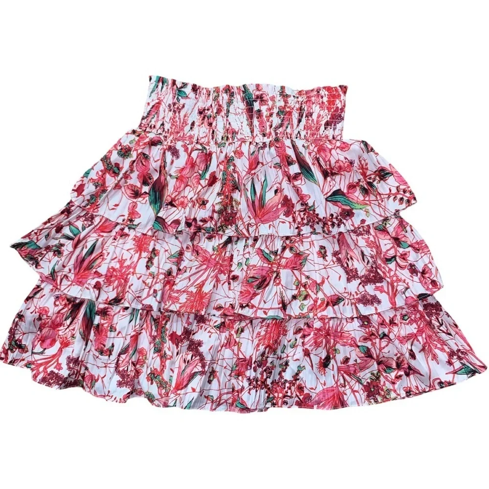 Anthropologie tiered mini skirt floral red pink off white size small feminine
